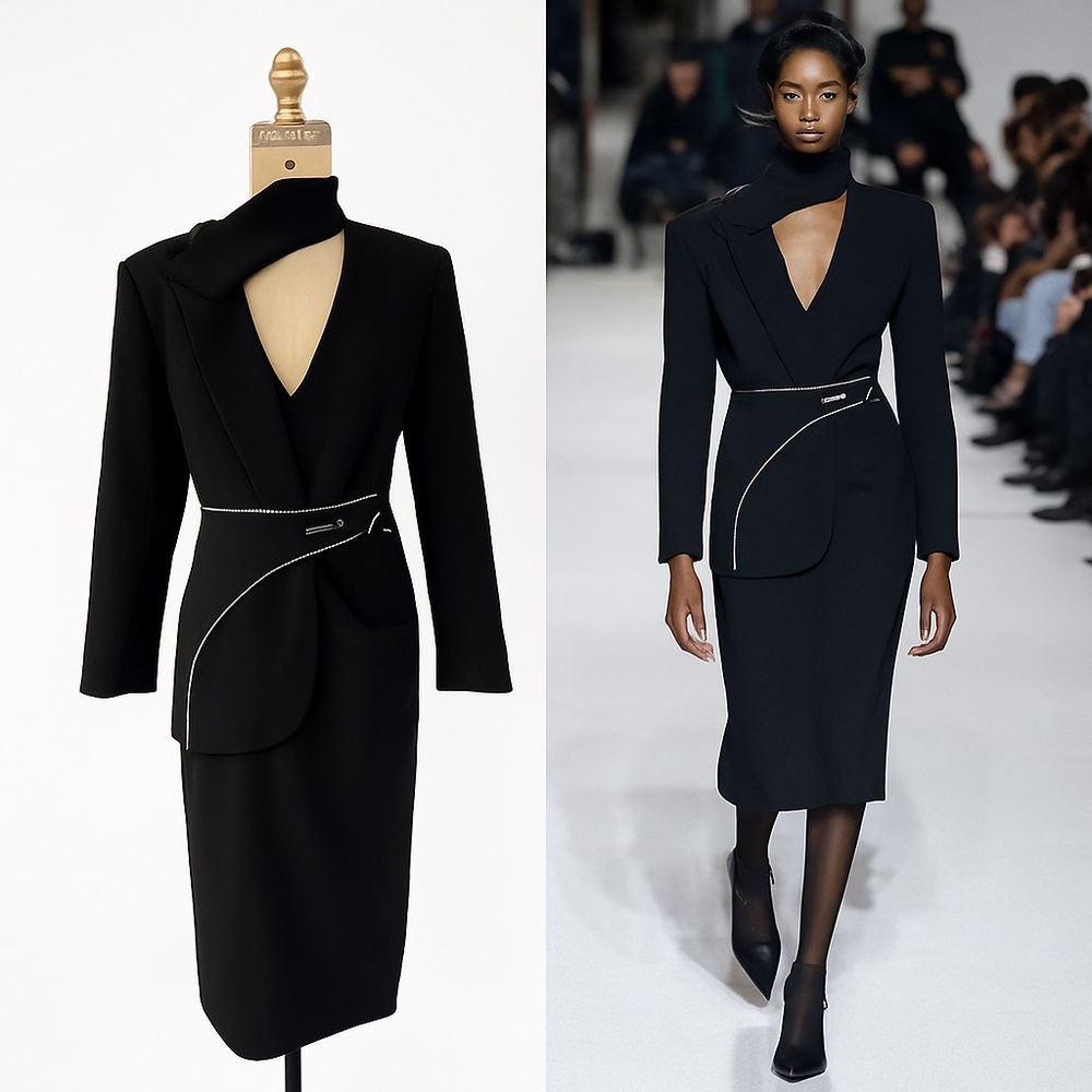 Off-White c/o Virgil Abloh FW19 Black Asymmetric Belted Blazer Dress Size IT 40